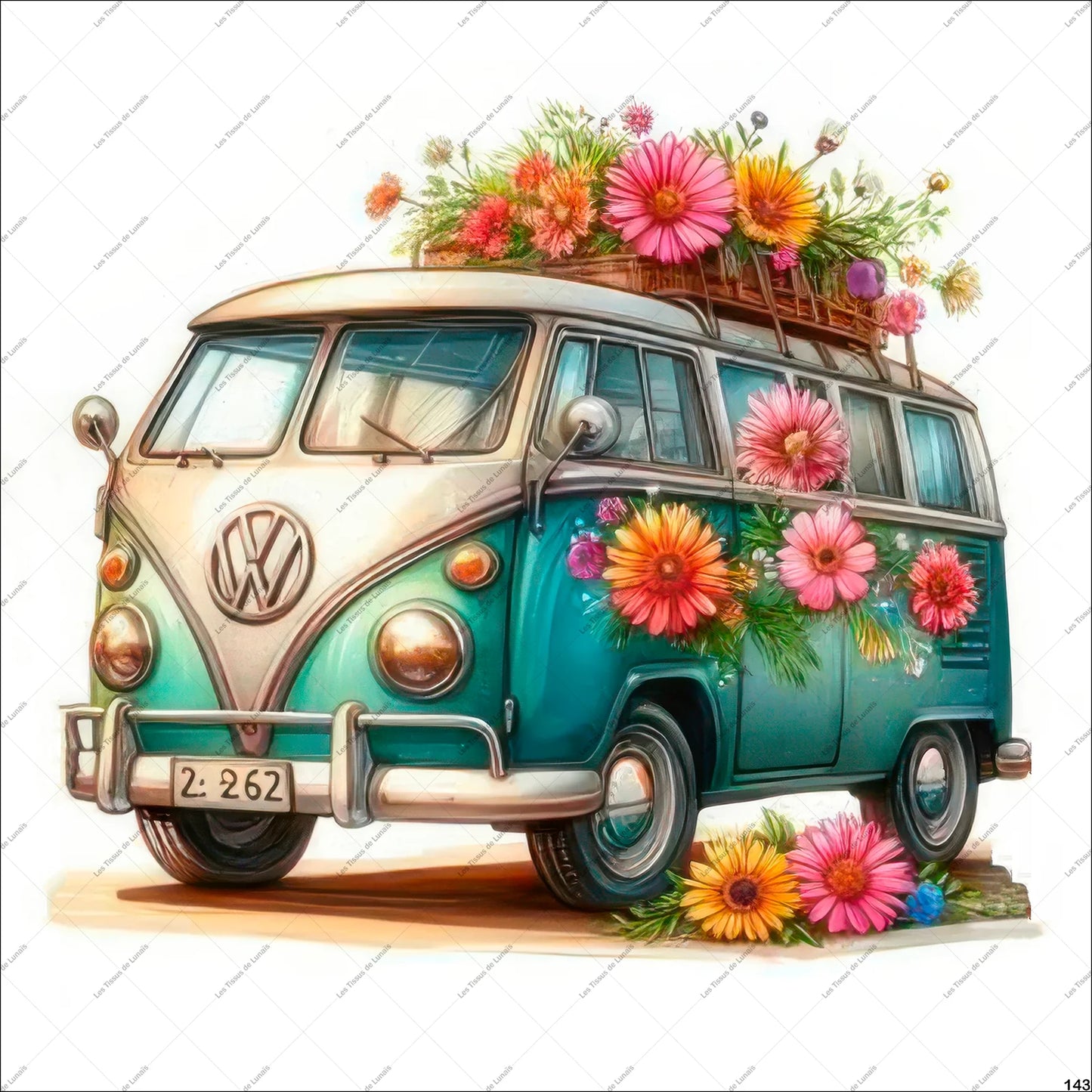 PANNEAU 143 Van, Combi, Vintage, bohème, floral, aventure - 9 matières - 7 dimensions - au choix - Idéal pour vos Créations Couture !