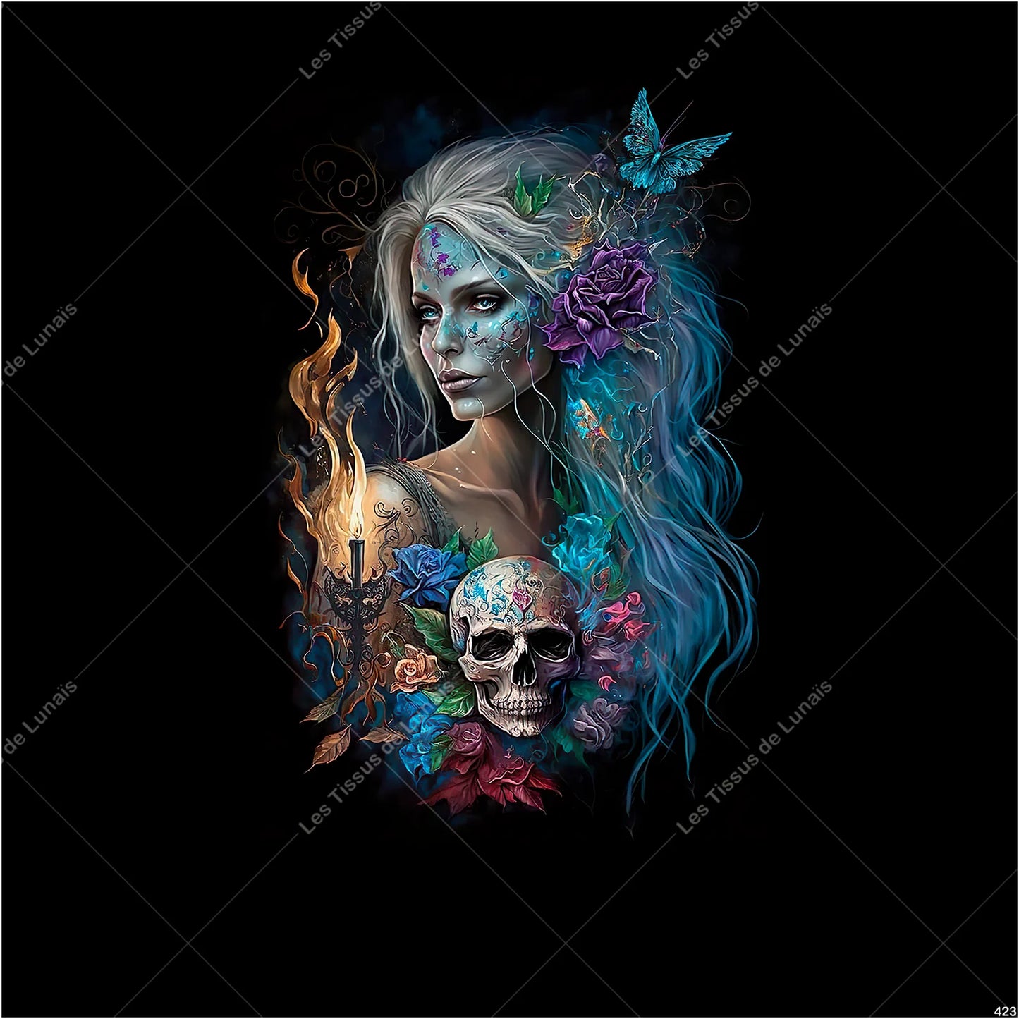 PANNEAU 423 femme colorée tête de mort - 9 matières - 7 dimensions - au choix - Idéal pour vos Créations Couture !