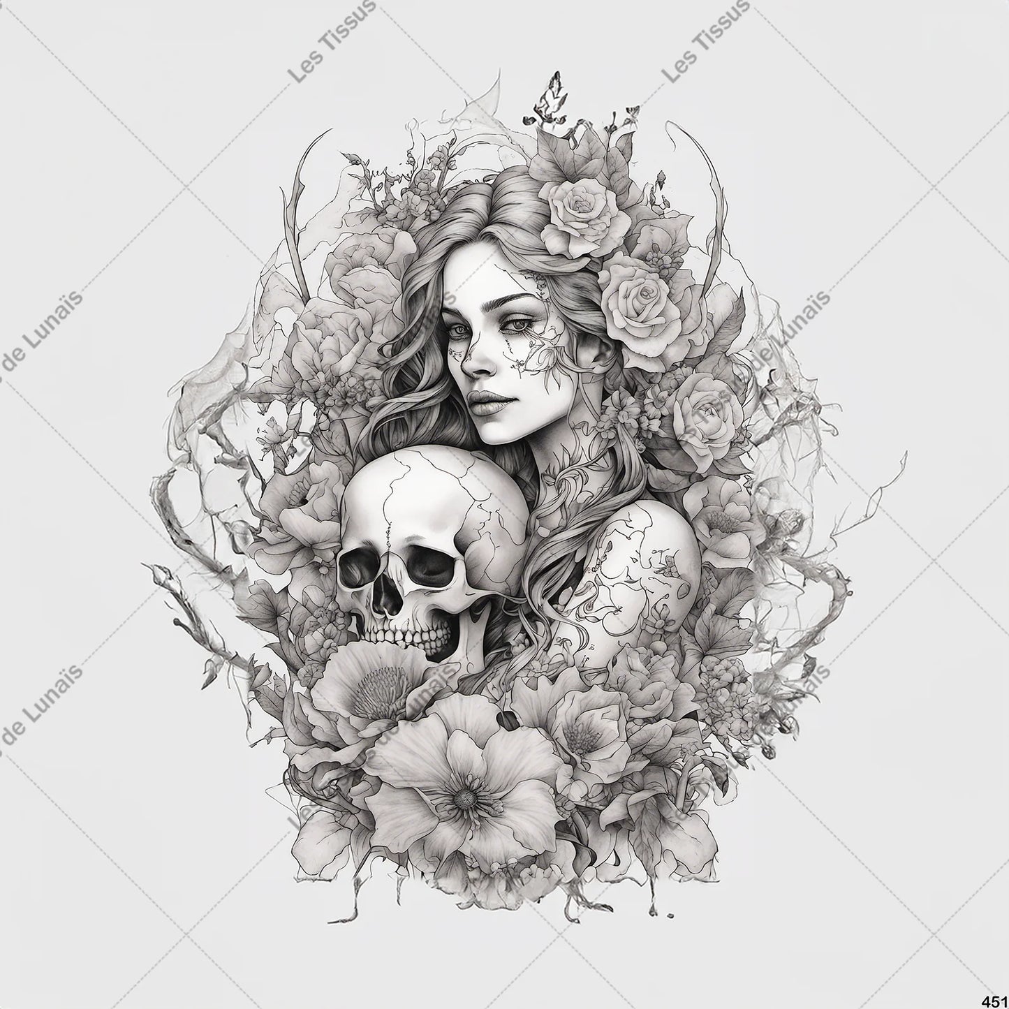 PANNEAU 451 femme tête de mort crâne - 9 matières - 7 dimensions - au choix - Idéal pour vos Créations Couture !
