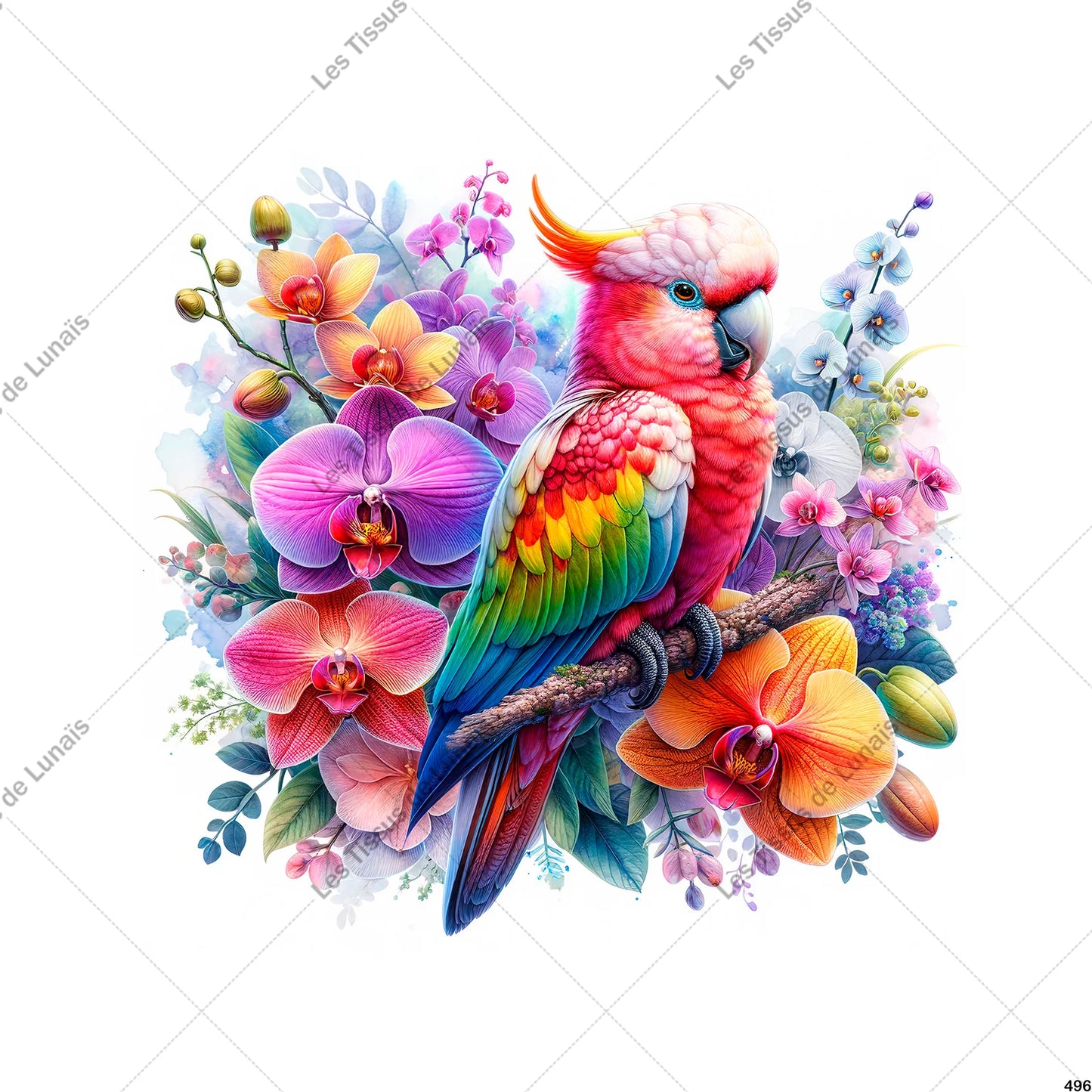 PANNEAU 496 perroquet exotique fleur orchidée - 9 matières - 7 dimensions - au choix - Idéal pour vos Créations Couture !