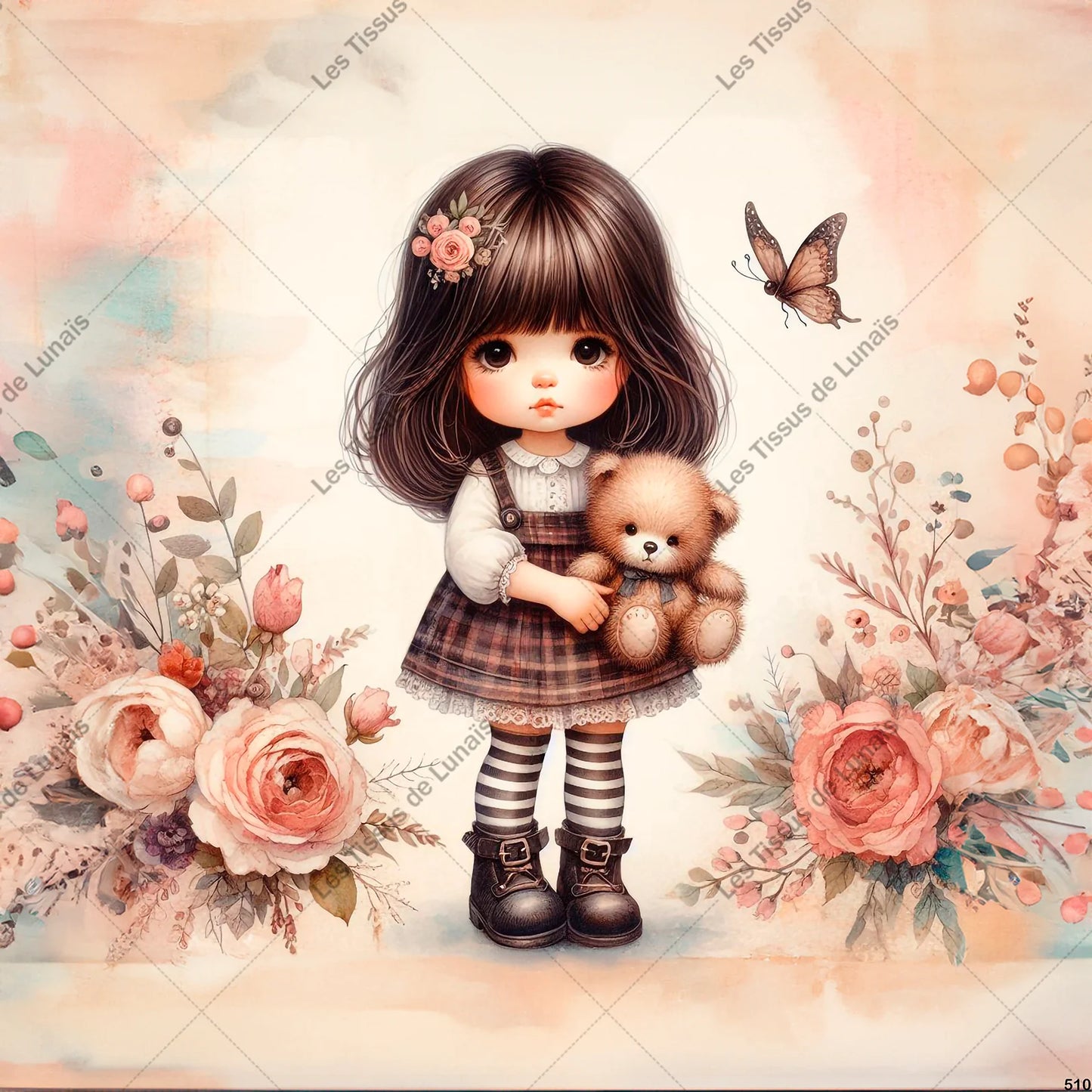 PANNEAU 510 petite fille ours fleur papillon - 9 matières - 7 dimensions - au choix - Idéal pour vos Créations Couture !