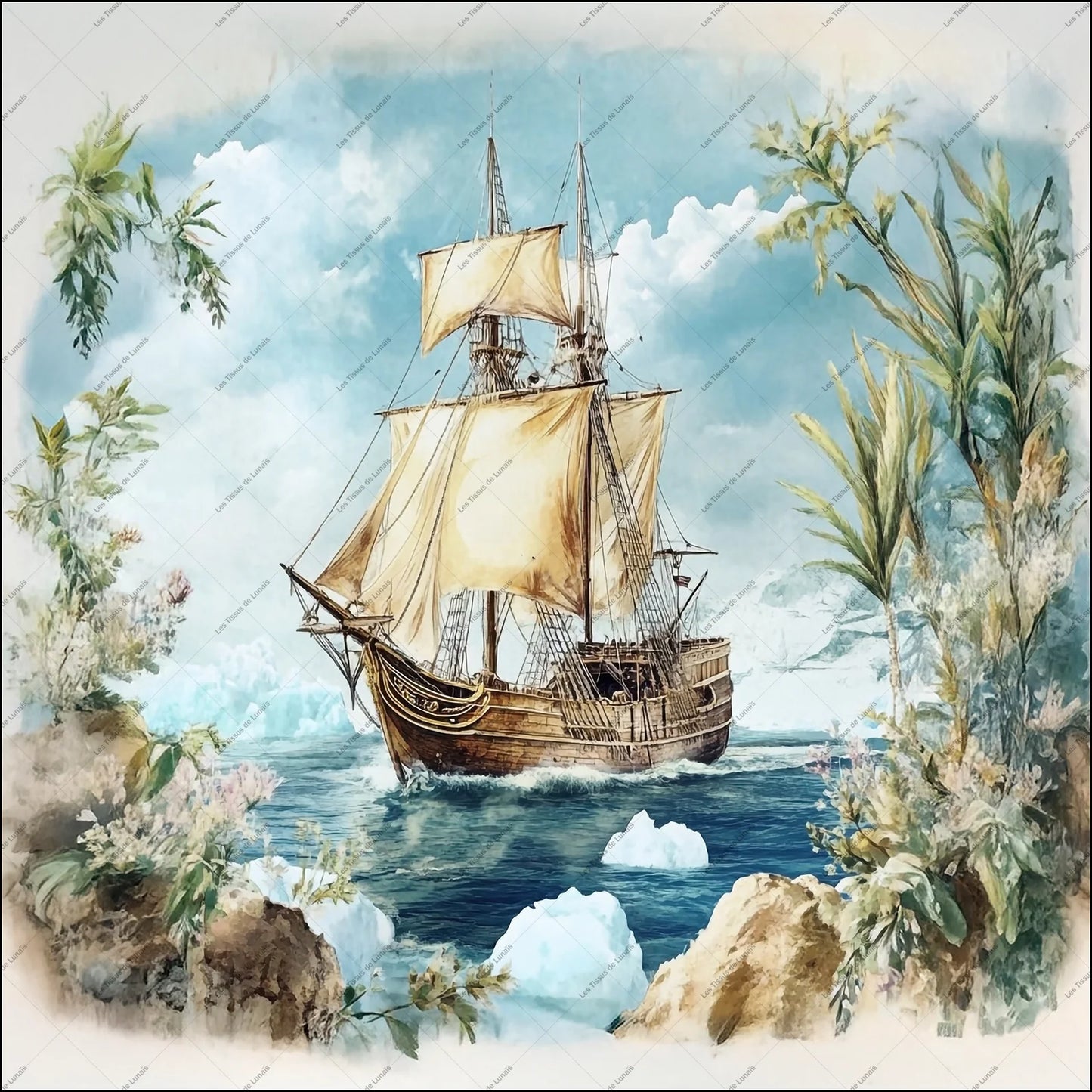 PANNEAU 544 Voilier ancien sur mer bleue - 9 matières - 7 dimensions - au choix - Idéal pour vos Créations Couture !