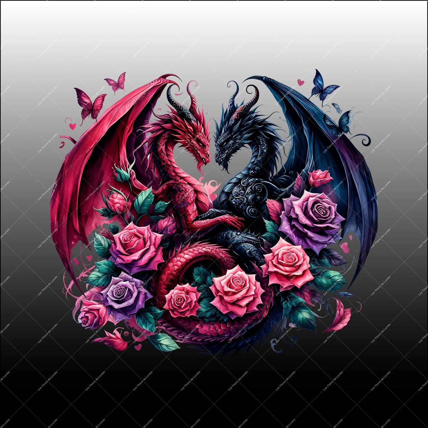 PANNEAU 548 Dragons enlacés parmi des roses - 9 matières - 7 dimensions - au choix - Idéal pour vos Créations Couture !