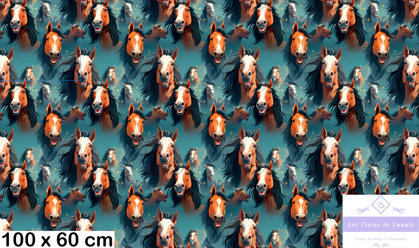 Tissu au mètre 26 chevaux equitation - Disponible en 9 matières - Vendu par multiple de 50 cm