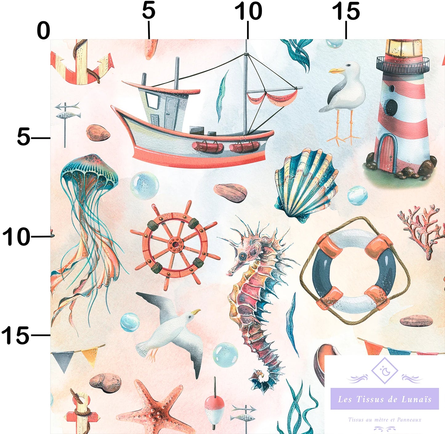 Tissu au mètre 330 marin mer océan - Disponible en 9 matières - Vendu par multiple de 50 cm