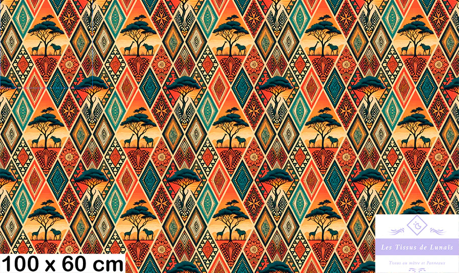 Tissu 489 au mètre ethnique – Motif africain – Style wax
Paysage savane – Arbres acacias – Silhouettes d’animaux - Disponible en 9 matières - Vendu par multiple de 50 cm