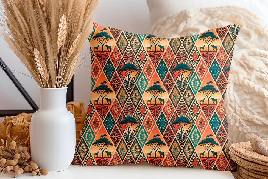 Tissu 489 au mètre ethnique – Motif africain – Style wax
Paysage savane – Arbres acacias – Silhouettes d’animaux - Disponible en 9 matières - Vendu par multiple de 50 cm