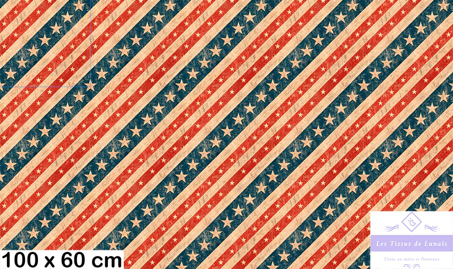Tissu 491 au mètre USA – Motif drapeau américain – Étoiles et rayures
🎨 Style vintage – Effet usé / vieilli – Couleurs rouge, bleu, beige - Disponible en 9 matières - Vendu par multiple de 50 cm