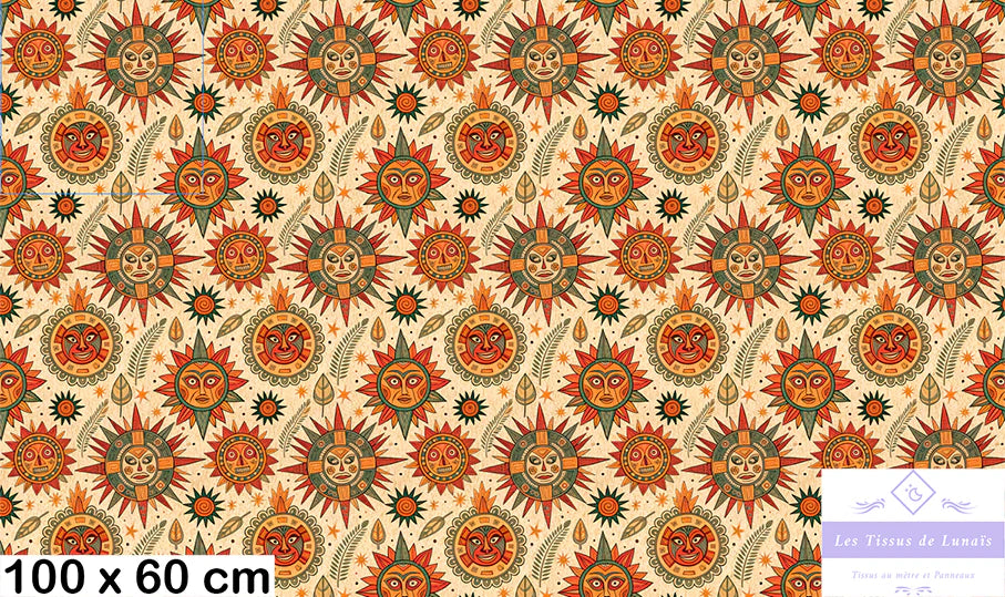 Tissu 493 au mètre soleil aztèque – Motif ethnique et tribal – Style bohème & mystique
🎨 Couleurs chaudes – Tons ocre, rouge, vert, beige – Effet vintage - Disponible en 9 matières - Vendu par multiple de 50 cm