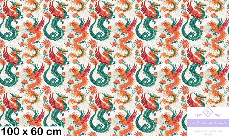 Tissu 495 au mètre dragon asiatique – Motif mythologique – Style oriental et traditionnel
🎨 Couleurs vibrantes – Rouge, vert, or, beige – Fond à motifs tourbillonnants - Disponible en 9 matières - Vendu par multiple de 50 cm