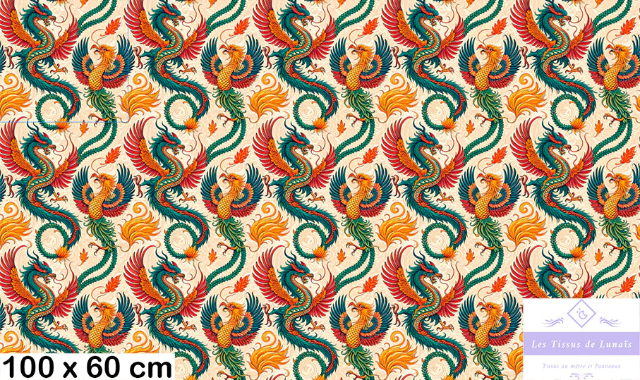 Tissu 496 au mètre dragon asiatique – Motif mythologique – Style oriental et traditionnel
🎨 Couleurs vibrantes – Rouge, vert, or, beige – Fond à motifs tourbillonnants - Disponible en 9 matières - Vendu par multiple de 50 cm