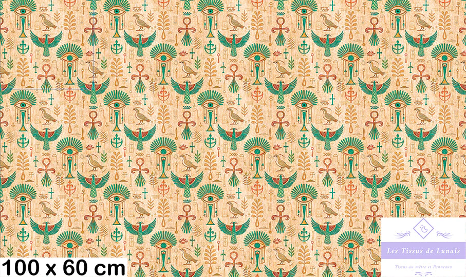 Tissu 497 au mètre Égypte antique – Motifs hiéroglyphes, œil d'Horus, ankh, faucons
🎨 Couleurs dorées et vertes – Fond beige effet parchemin – Style historique et mystique - Disponible en 9 matières - Vendu par multiple de 50 cm