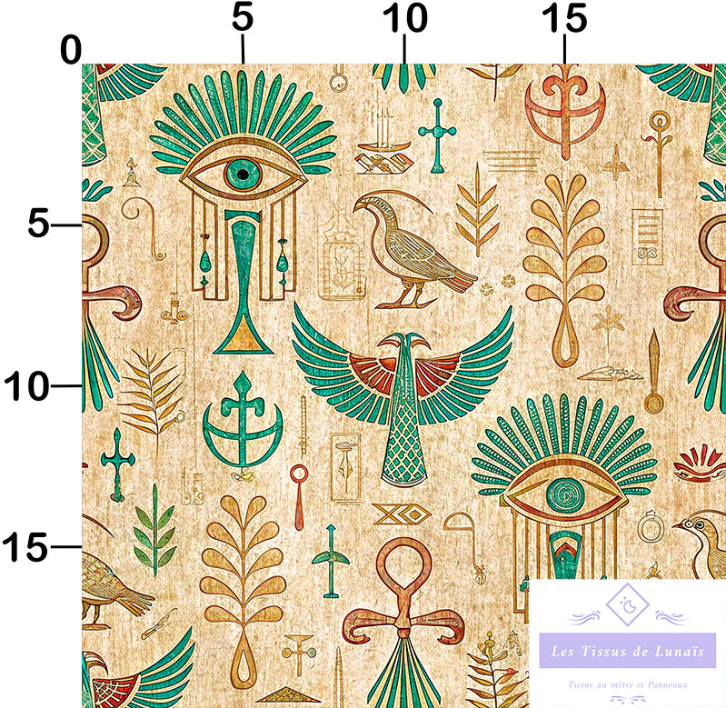 Tissu 497 au mètre Égypte antique – Motifs hiéroglyphes, œil d'Horus, ankh, faucons
🎨 Couleurs dorées et vertes – Fond beige effet parchemin – Style historique et mystique - Disponible en 9 matières - Vendu par multiple de 50 cm
