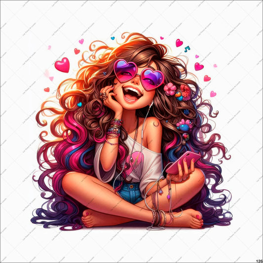 PANNEAU 126 fille Joyeuse, colorée, bohème, musicale  - 9 matières - 7 dimensions - au choix - Idéal pour vos Créations Couture !