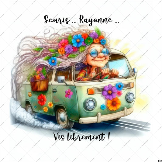 PANNEAU 142 Van, Combi, Libre, joyeux, bohème, optimiste  - 9 matières - 7 dimensions - au choix - Idéal pour vos Créations Couture !