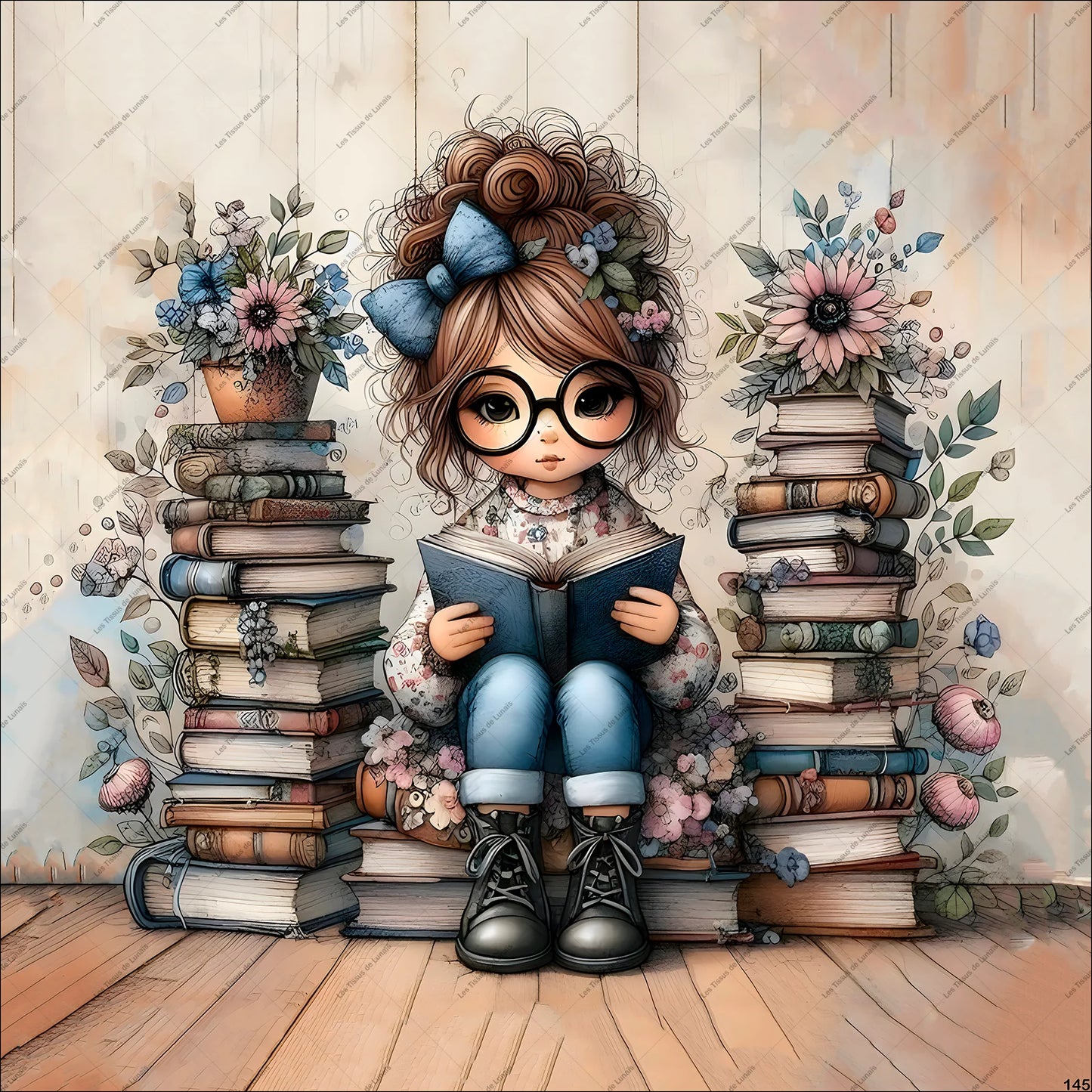 PANNEAU 145 petite fille, livre, Douce, vintage, studieuse, poétique  - 9 matières - 7 dimensions - au choix - Idéal pour vos Créations Couture !