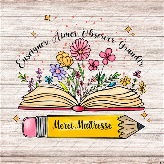 PANNEAU 147 maîtresse, école, scolaire, Éducatif, reconnaissant, fleuri, inspirant  - 9 matières - 7 dimensions - au choix - Idéal pour vos Créations Couture !