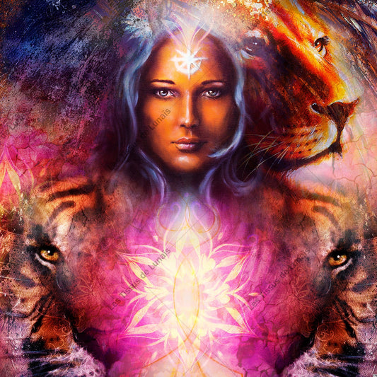 PANNEAU 170 femme visage lion fantastique- 9 matières - 7 dimensions - au choix - Idéal pour vos Créations Couture !