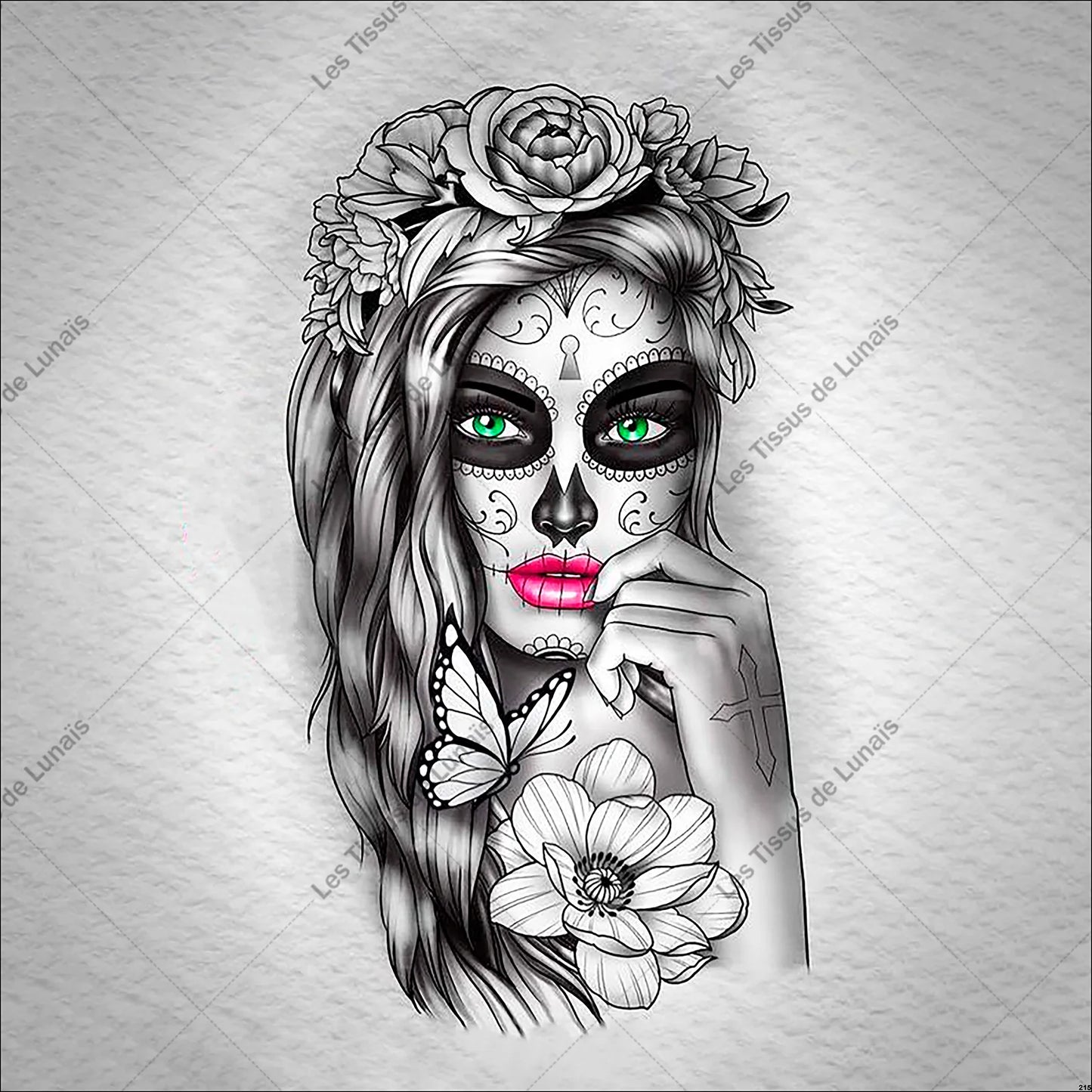 PANNEAU 215 femme maquillage tête de mort calavera - 9 matières - 7 dimensions - au choix - Idéal pour vos Créations Couture !