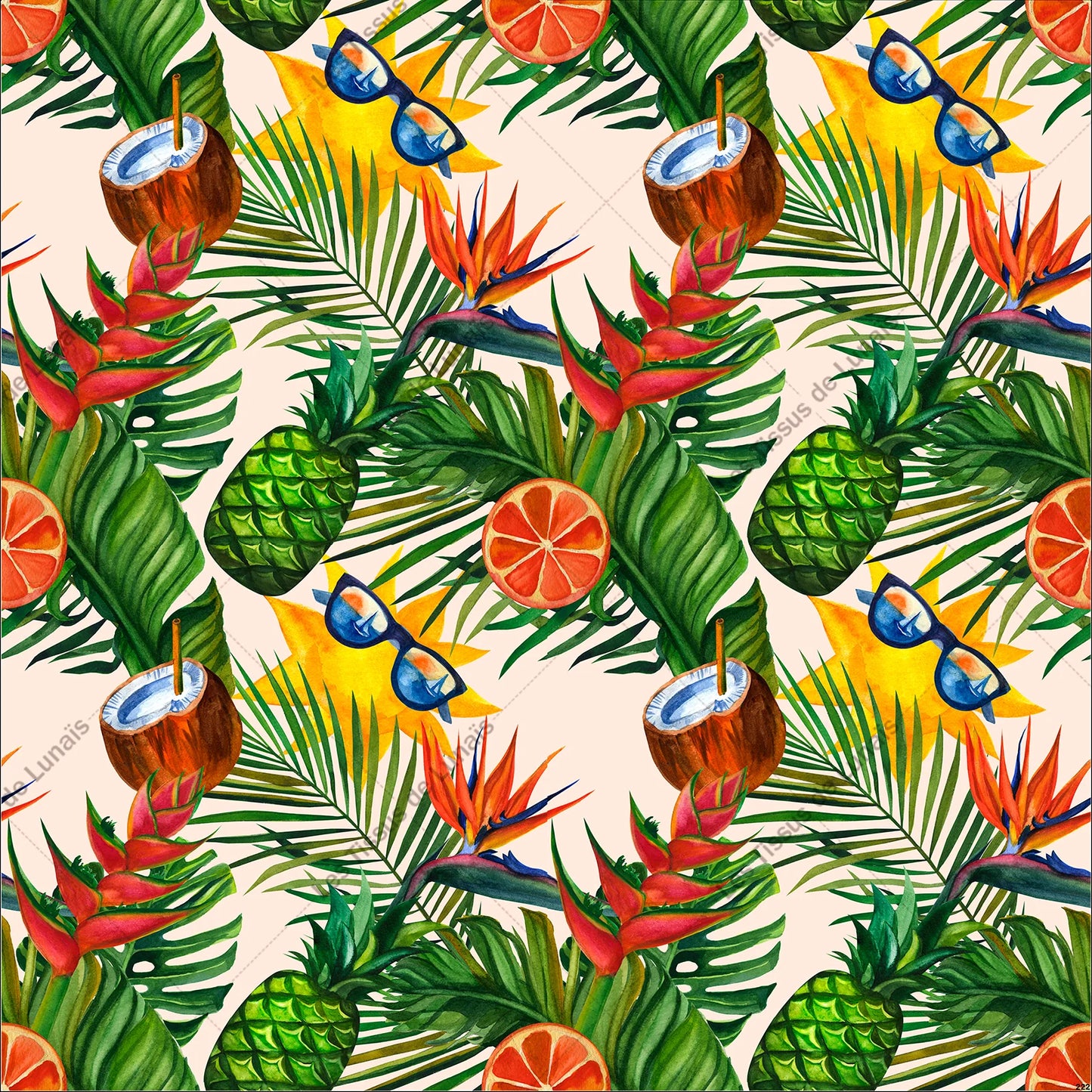 PANNEAU 222 fleur exotique été ananas lunettes noix de coco - 9 matières - 7 dimensions - au choix - Idéal pour vos Créations Couture !