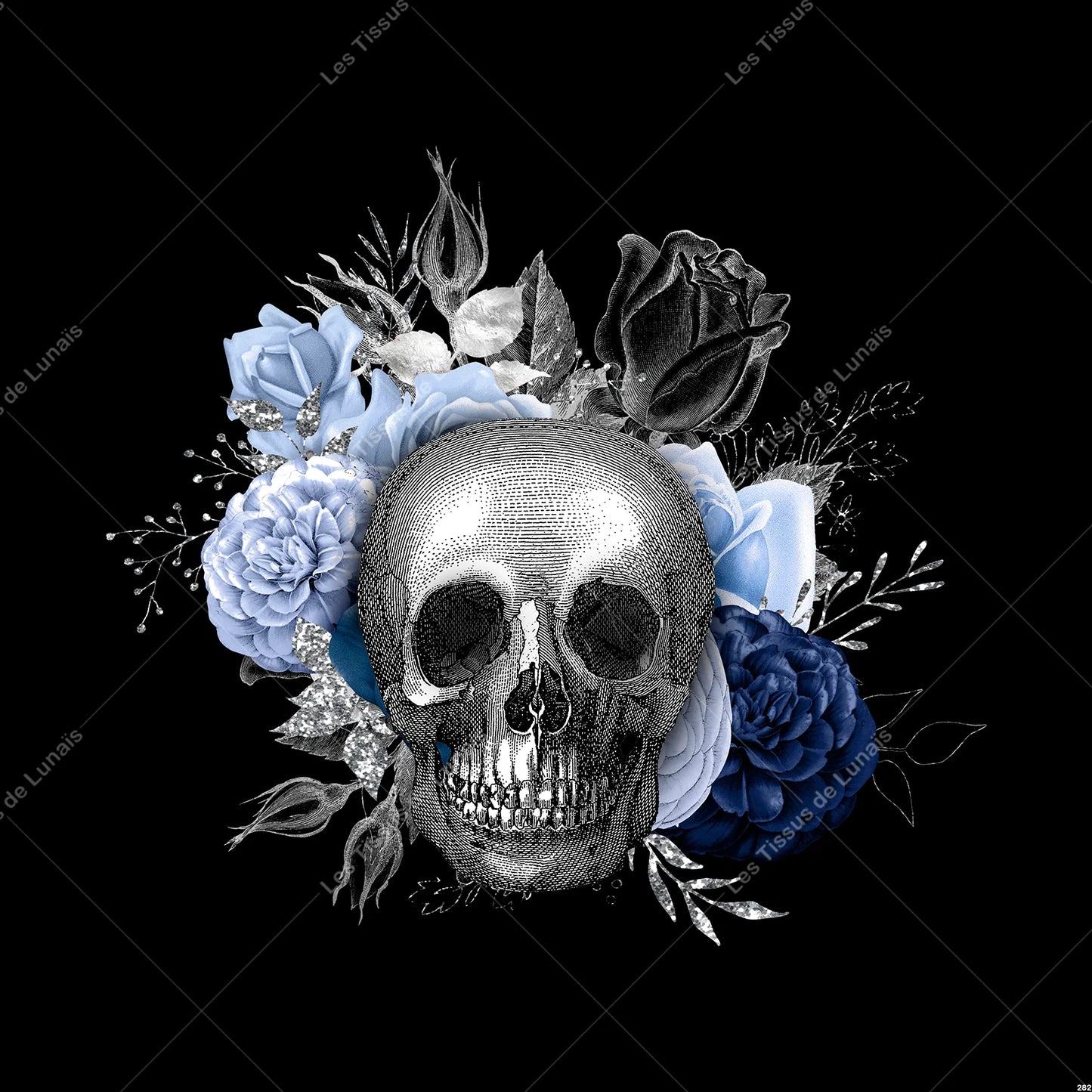 PANNEAU 282 crâne tête de mort fleur - 9 matières - 7 dimensions - au choix - Idéal pour vos Créations Couture !
