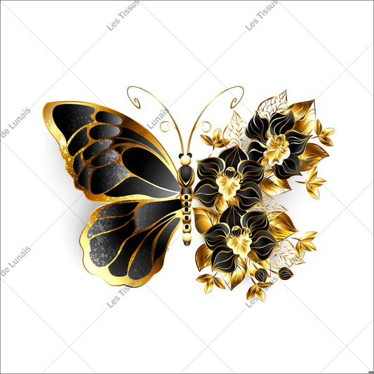 PANNEAU 288 papillon insecte fleur noir doré - 9 matières - 7 dimensions - au choix - Idéal pour vos Créations Couture !