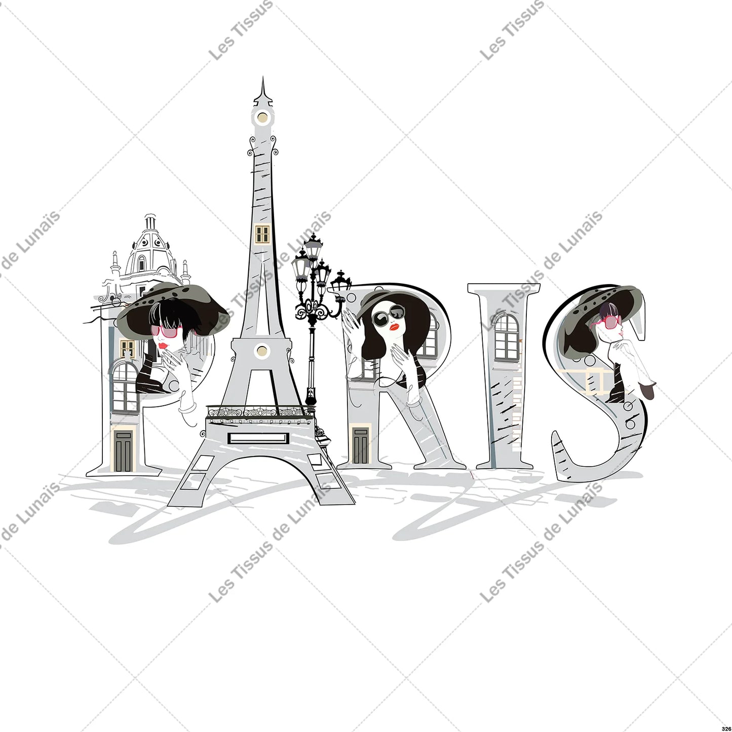 PANNEAU 326 femme mode Paris Tour Eiffel - 9 matières - 7 dimensions - au choix - Idéal pour vos Créations Couture !