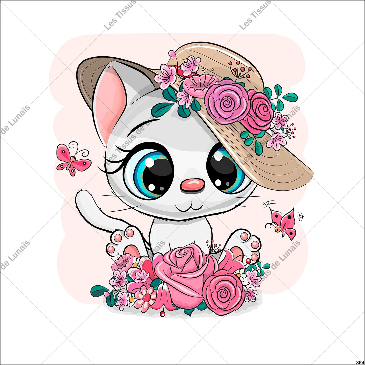 PANNEAU 364 enfant chat mignon chapeau fleur - 9 matières - 7 dimensions - au choix - Idéal pour vos Créations Couture !