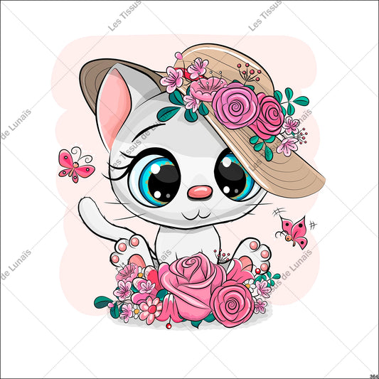 PANNEAU 364 enfant chat mignon chapeau fleur - 9 matières - 7 dimensions - au choix - Idéal pour vos Créations Couture !