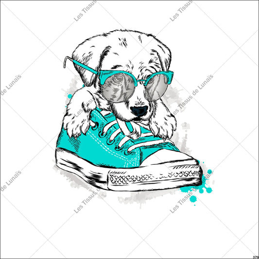 PANNEAU 379 chien basket turquoise lunettes  - 9 matières - 7 dimensions - au choix - Idéal pour vos Créations Couture !