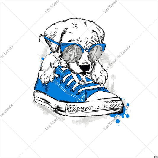 PANNEAU 380 chien basket bleu lunettes - 9 matières - 7 dimensions - au choix - Idéal pour vos Créations Couture !