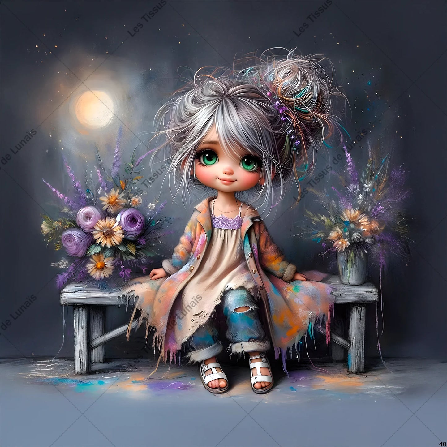 PANNEAU 40 petite fille fleurs - 9 matières - 7 dimensions - au choix - Idéal pour vos Créations Couture !