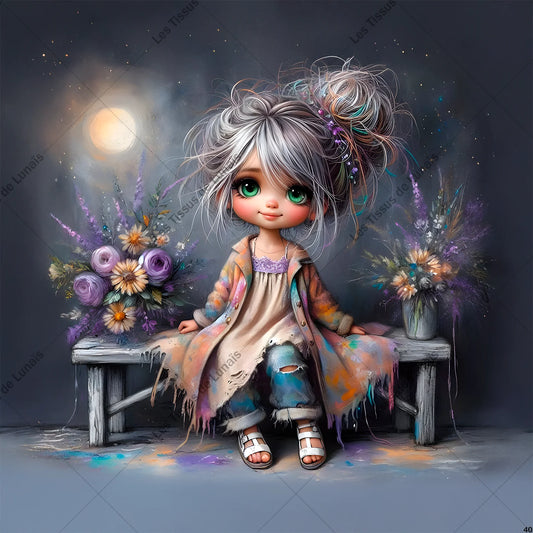 PANNEAU 40 petite fille fleurs - 9 matières - 7 dimensions - au choix - Idéal pour vos Créations Couture !