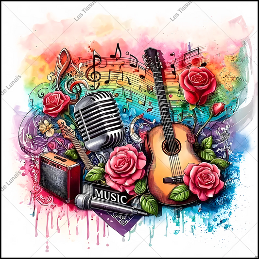 PANNEAU 41 guitare musique instrument fleurs - 9 matières - 7 dimensions - au choix - Idéal pour vos Créations Couture !