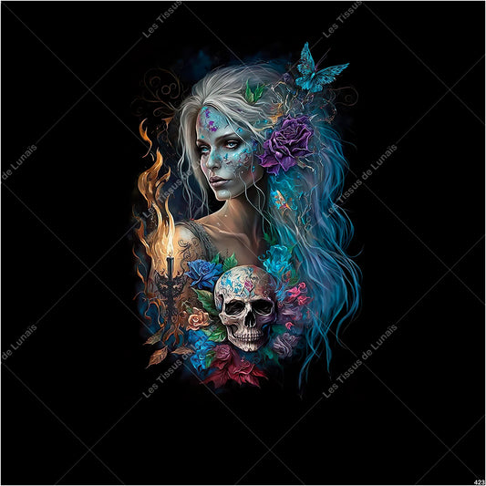 PANNEAU 423 femme colorée tête de mort - 9 matières - 7 dimensions - au choix - Idéal pour vos Créations Couture !