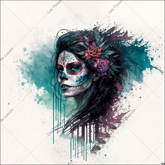PANNEAU 429 femme mode girly maquillage tête de mort calavera - 9 matières - 7 dimensions - au choix - Idéal pour vos Créations Couture !
