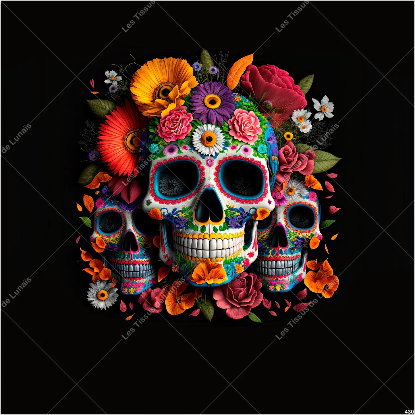 PANNEAU 430 tête de mort fleur maquillage - 9 matières - 7 dimensions - au choix - Idéal pour vos Créations Couture !