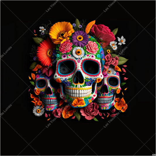 PANNEAU 430 tête de mort fleur maquillage - 9 matières - 7 dimensions - au choix - Idéal pour vos Créations Couture !