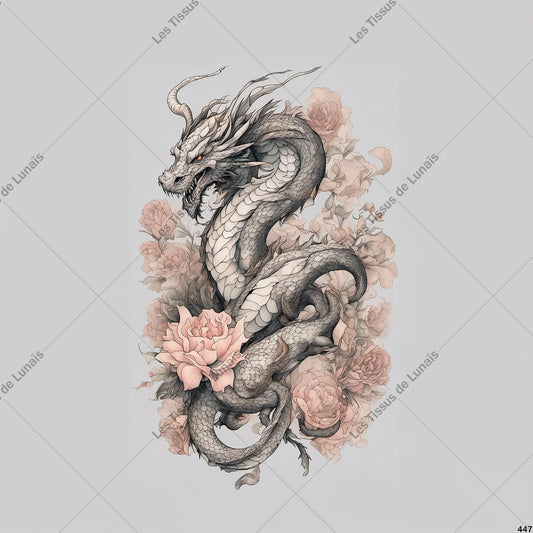 PANNEAU 447 dragon fleur mystère conte et légende - 9 matières - 7 dimensions - au choix - Idéal pour vos Créations Couture !