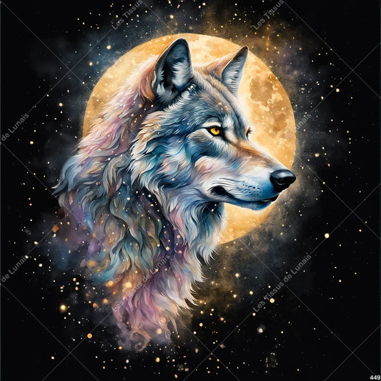PANNEAU 449 loup animal lune - 9 matières - 7 dimensions - au choix - Idéal pour vos Créations Couture !
