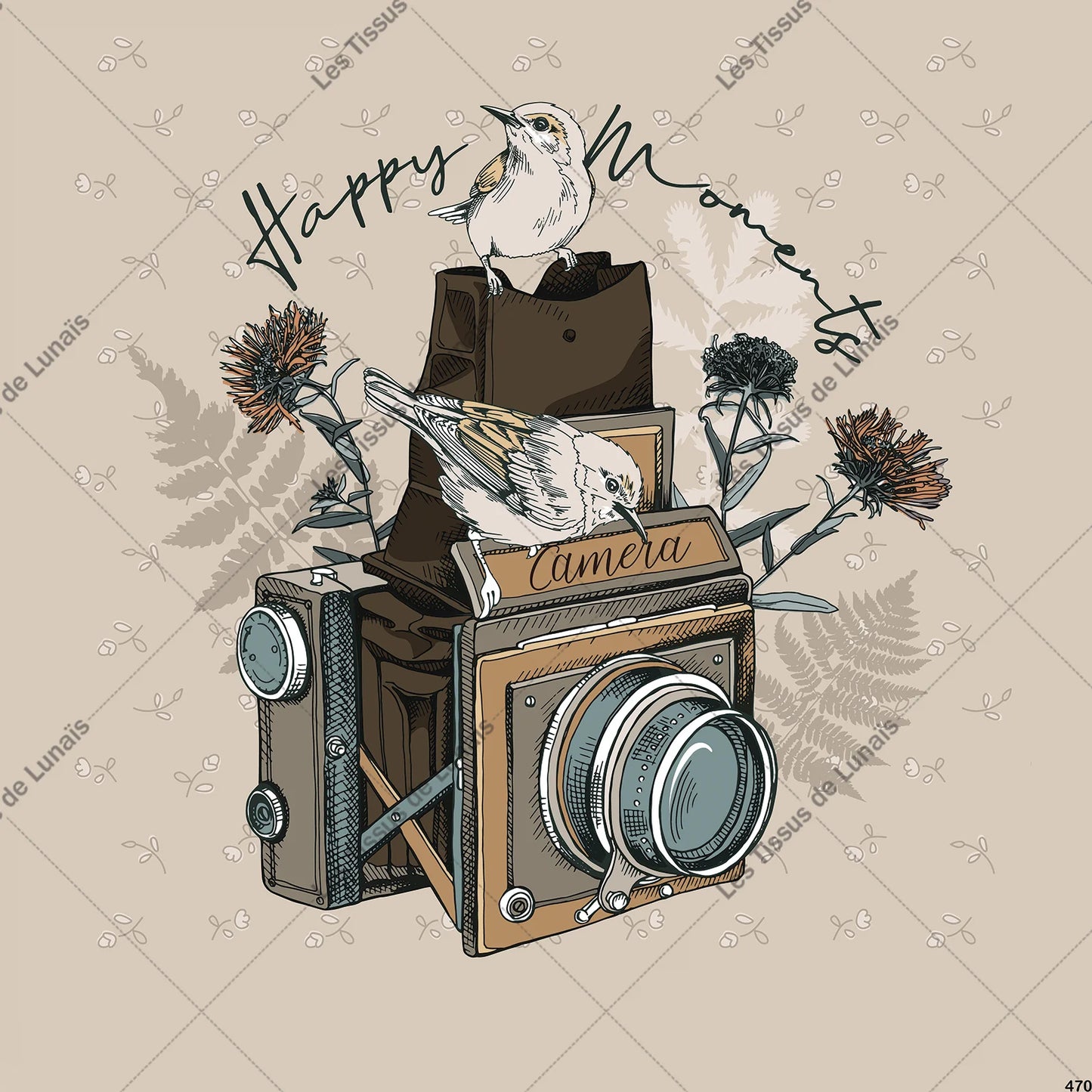 PANNEAU 470 Appareil photo vintage Oiseaux Fleurs sauvages rétro - 9 matières - 7 dimensions - au choix - Idéal pour vos Créations Couture !