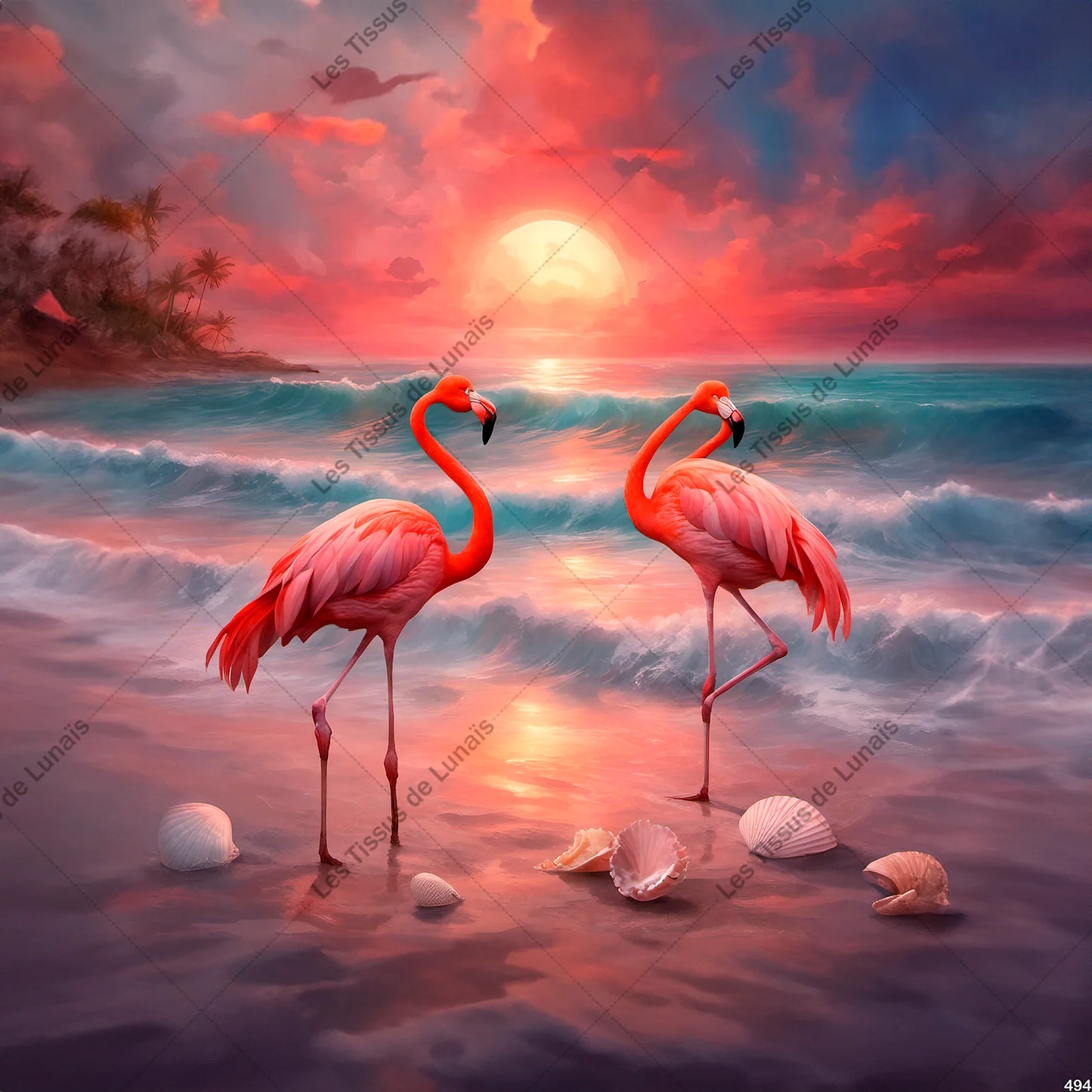 PANNEAU 494 flamant rose mer couché de soleil - 9 matières - 7 dimensions - au choix - Idéal pour vos Créations Couture !