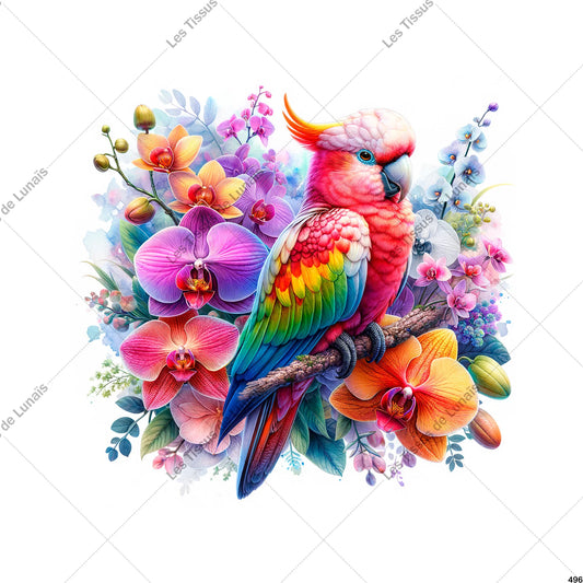 PANNEAU 496 perroquet exotique fleur orchidée - 9 matières - 7 dimensions - au choix - Idéal pour vos Créations Couture !