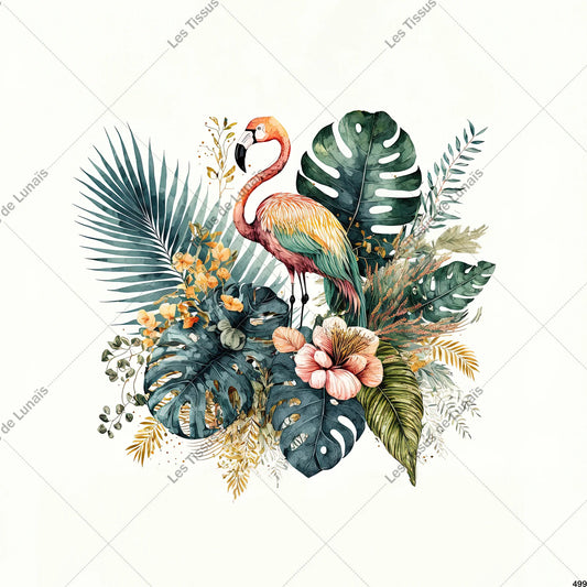 PANNEAU 499 flamant rose feuille fleur exotique - 9 matières - 7 dimensions - au choix - Idéal pour vos Créations Couture !