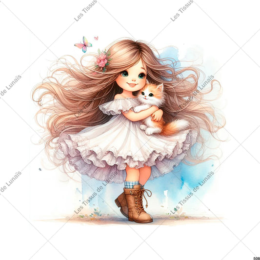 PANNEAU 508 petite fille mignonne chat animal - 9 matières - 7 dimensions - au choix - Idéal pour vos Créations Couture !