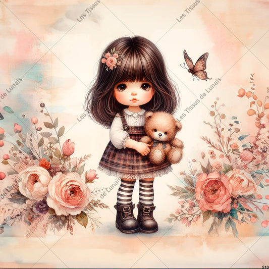 PANNEAU 510 petite fille ours fleur papillon - 9 matières - 7 dimensions - au choix - Idéal pour vos Créations Couture !