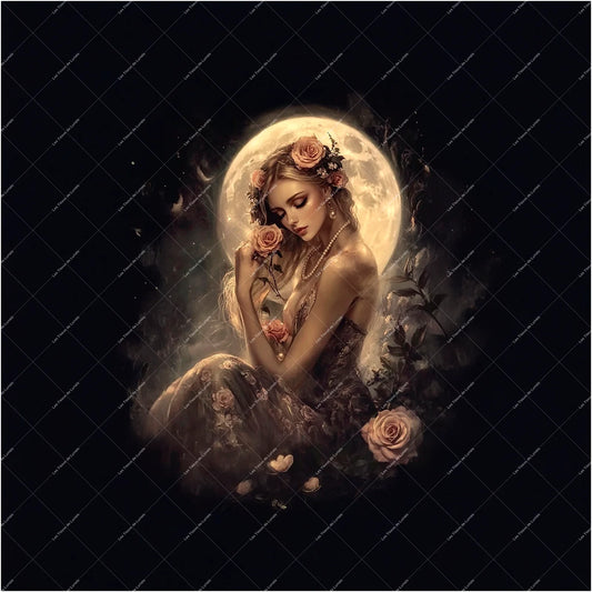 PANNEAU 530 Femme florale devant pleine lune  - 9 matières - 7 dimensions - au choix - Idéal pour vos Créations Couture !