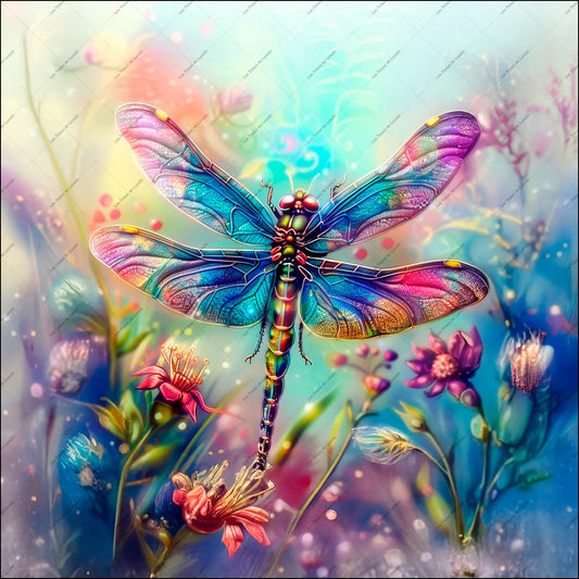 PANNEAU 532  Libellule colorée sur fleurs lumineuses - 9 matières - 7 dimensions - au choix - Idéal pour vos Créations Couture !