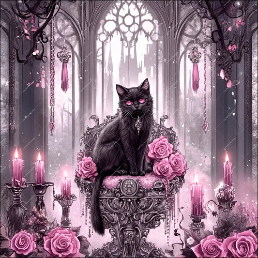 PANNEAU 534 Chat noir royal et bougies - 9 matières - 7 dimensions - au choix - Idéal pour vos Créations Couture !