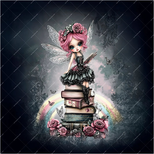 PANNEAU 535 Fée rose assise sur livres - 9 matières - 7 dimensions - au choix - Idéal pour vos Créations Couture !